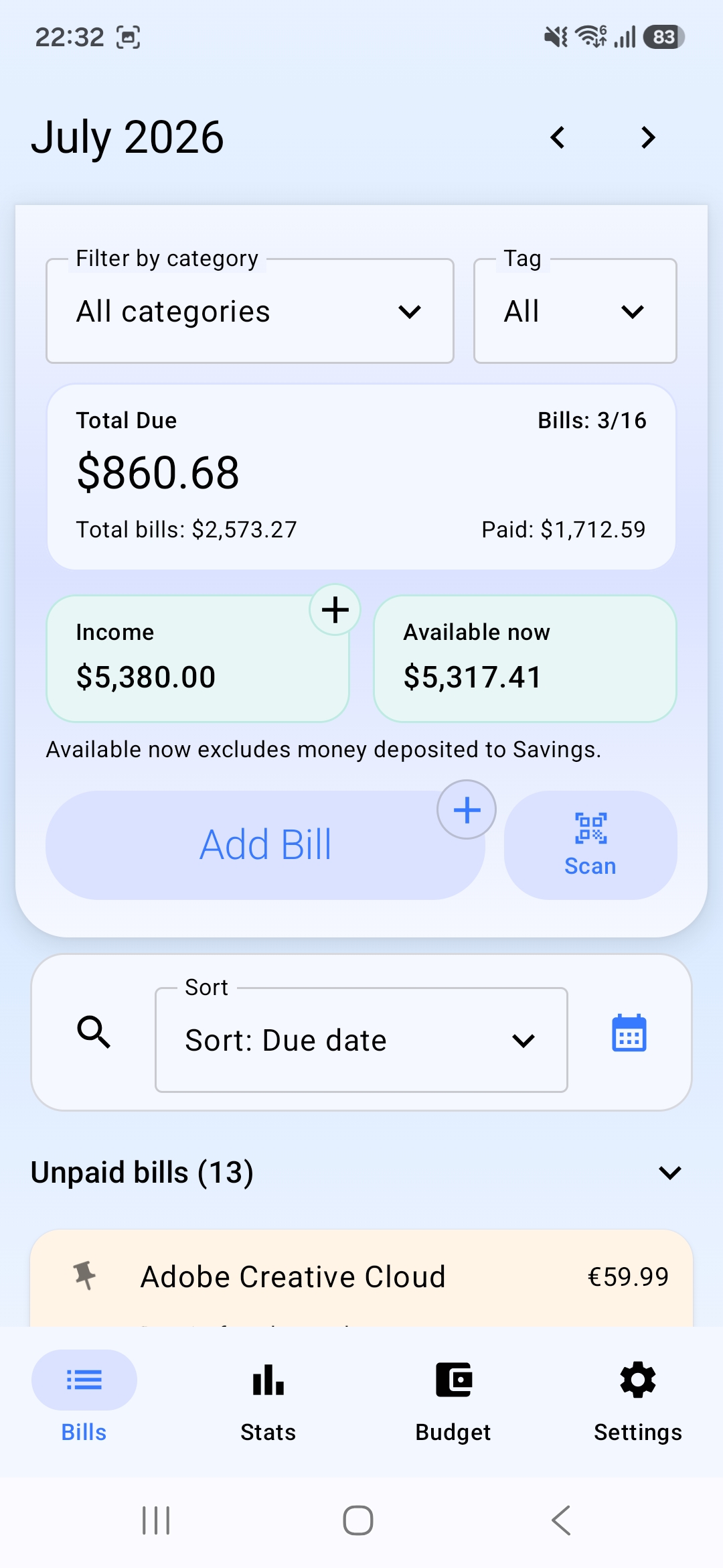 Billiary Android bills screen