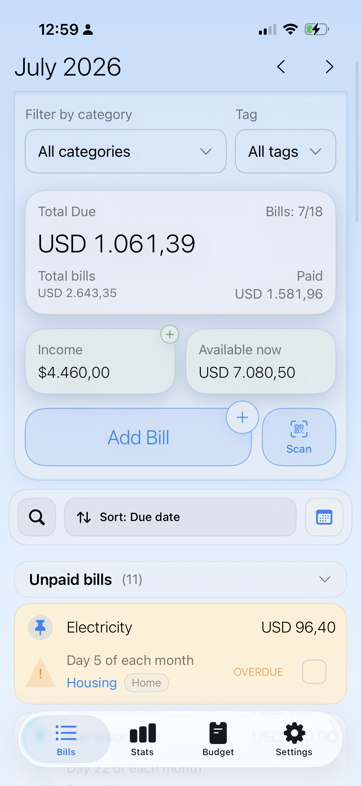 Billiary iOS bills screen